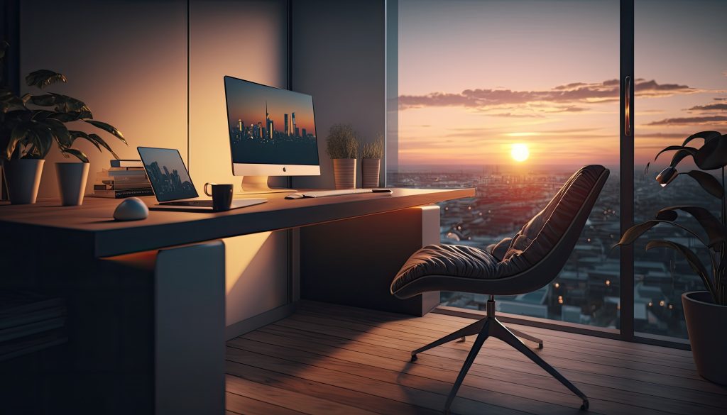 Modern home office with laptop and iMac