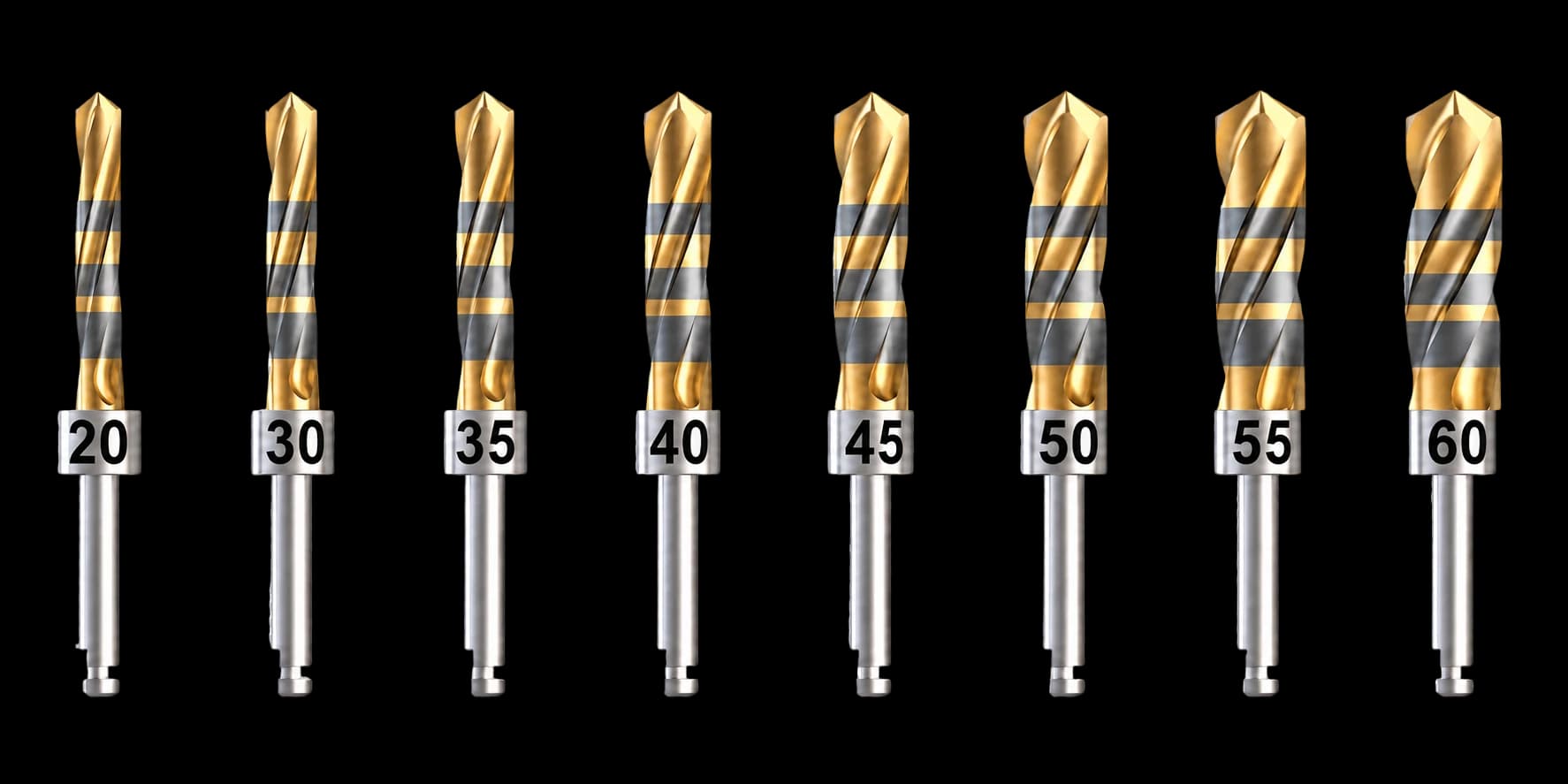 The eight Crown Down Kit drills in a row, gold flutes with grey bands, collars numbered 20, 30, 35, 40, 45, 50, 55 and 60