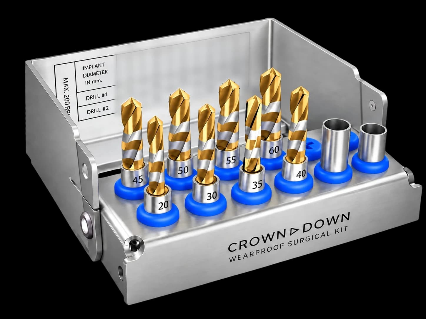 Crown Down Kit cassette with eight drills in blue holders and two guide sleeves; the drill chart inside the lid is blurred