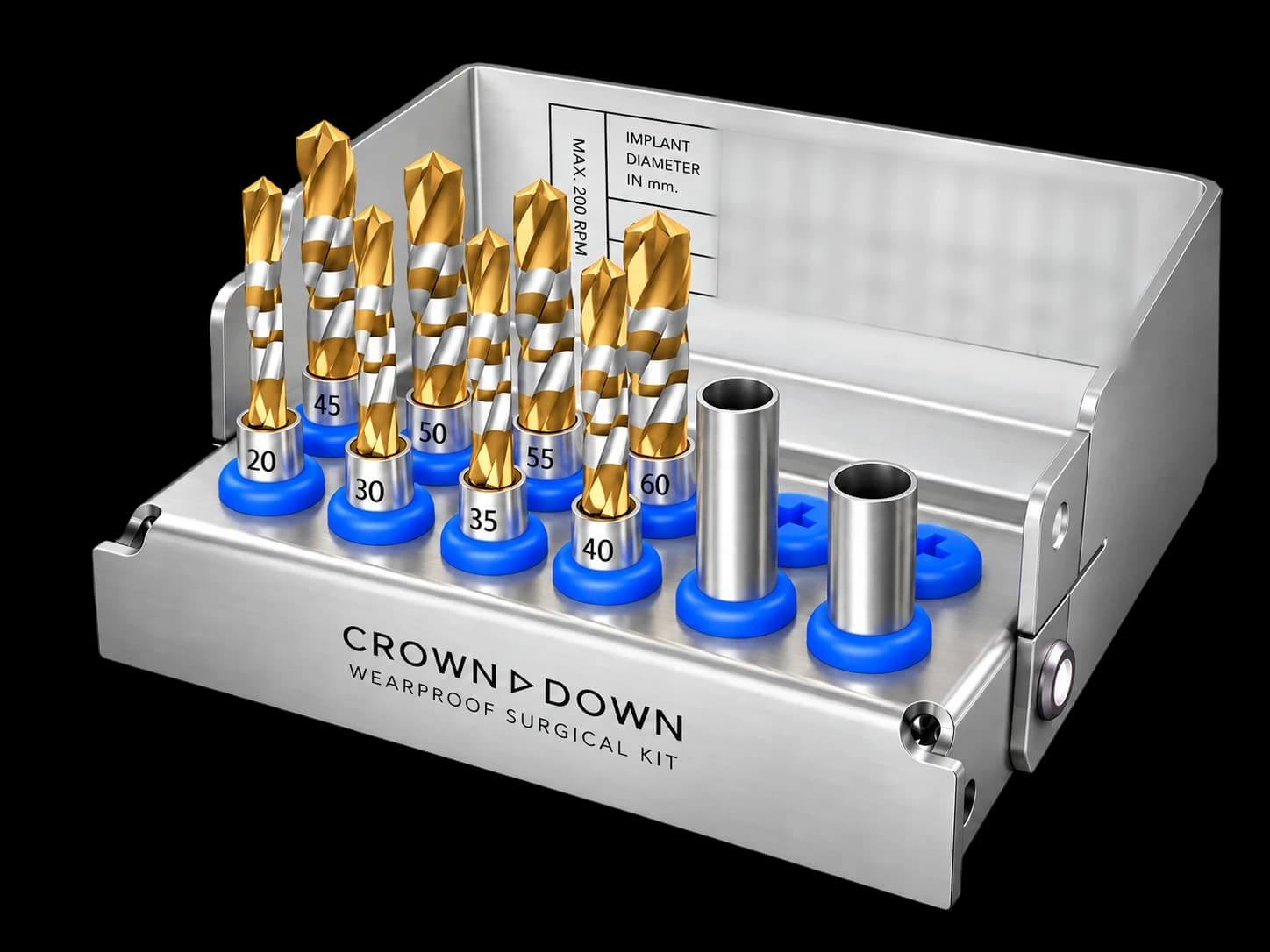 A second view of the Crown Down Kit cassette with the same eight drills; the drill chart inside the lid is blurred, the lid reads maximum 200 rpm