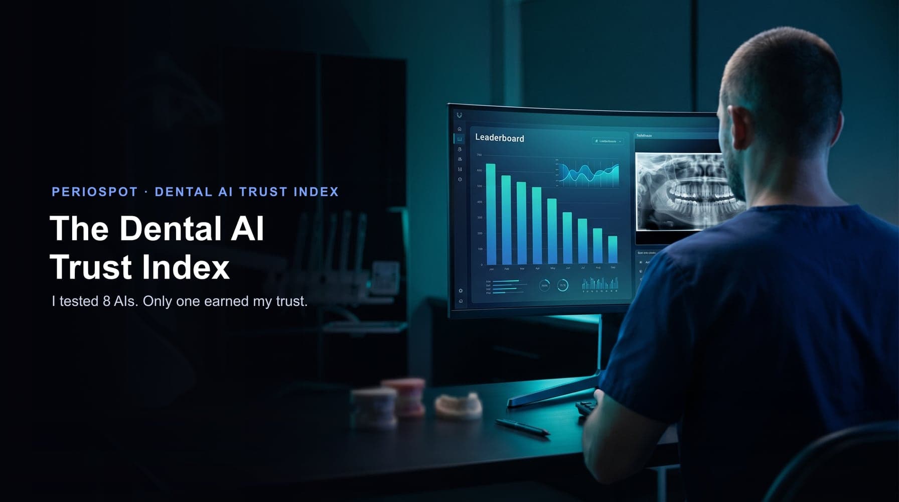 The Dental AI Trust Index: a clinician reviews an AI model leaderboard and a dental radiograph on screen