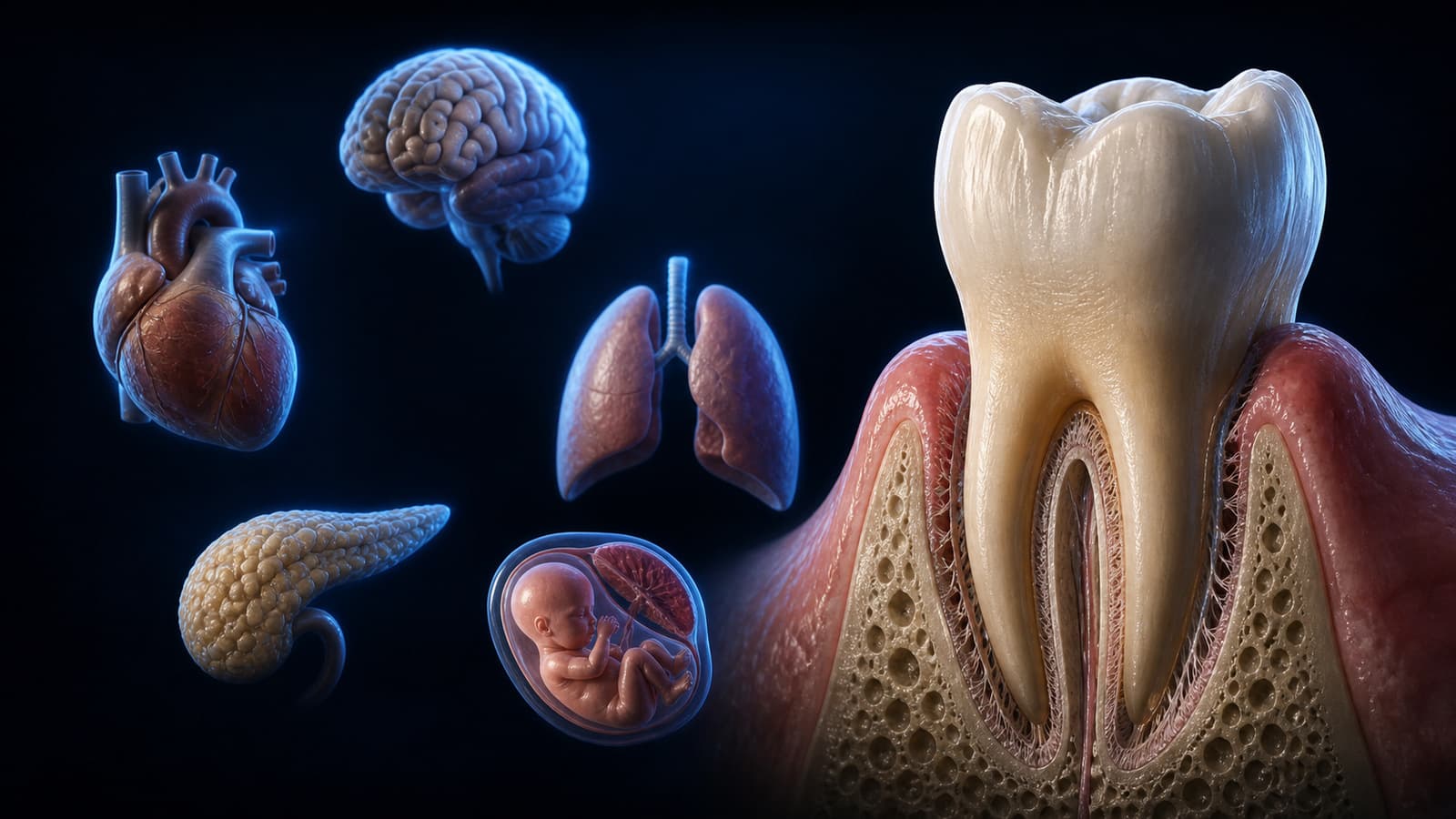 Synthetic scientific illustration of a molar and gingiva beside separate systemic evidence nodes, without causal arrows