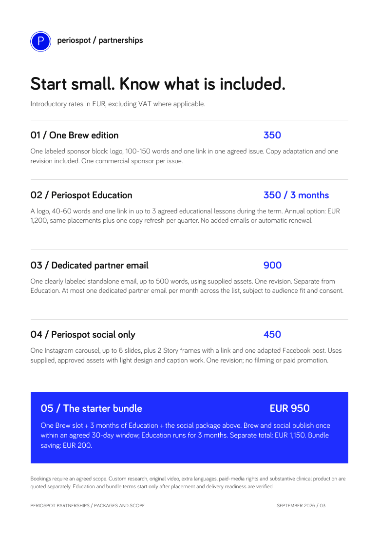 Partnership dossier page showing package prices and exact deliverables