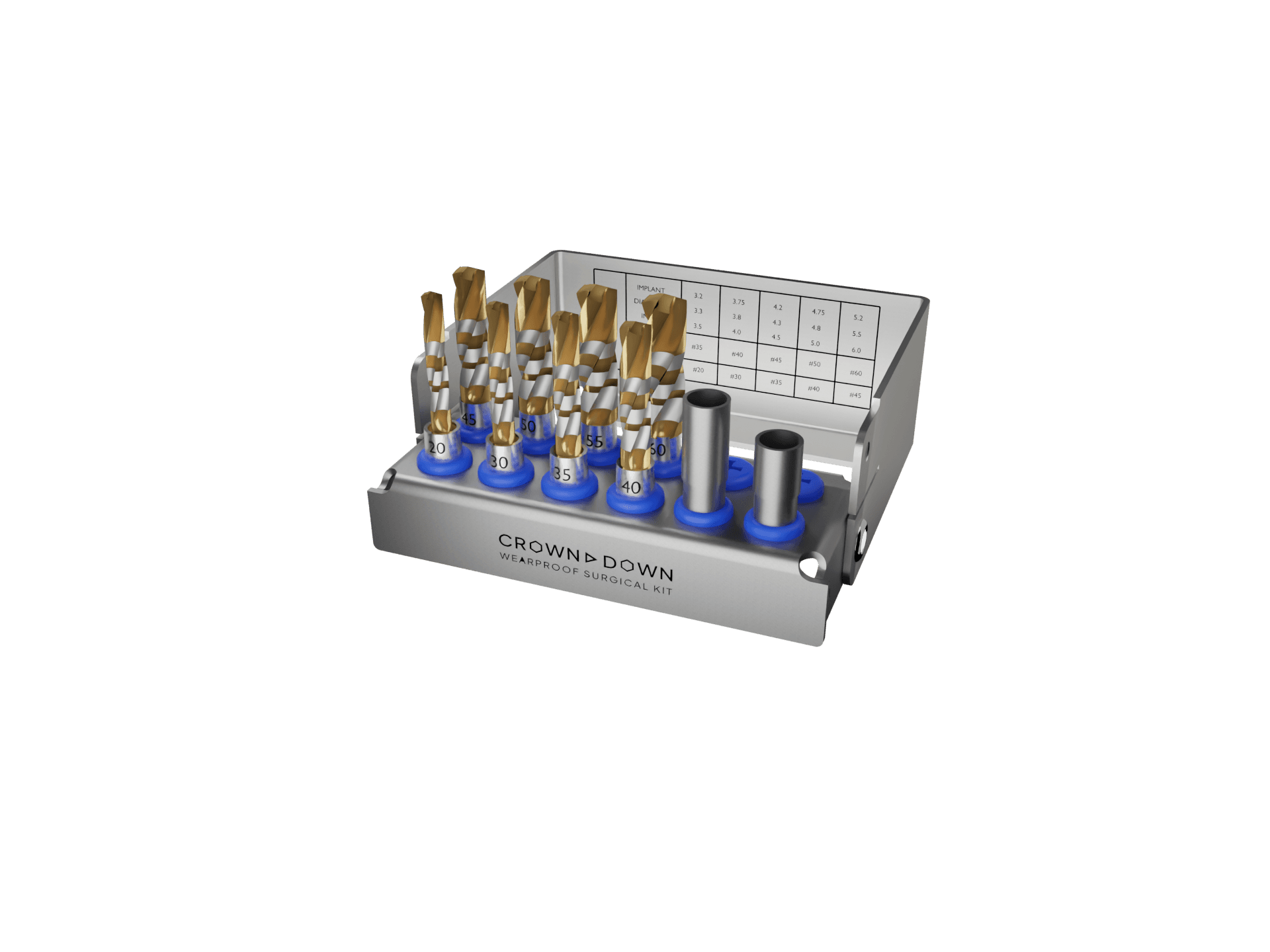 Crown Down Kit drill sequence: depth-marked, gold-coloured twist drills seated in the cassette alongside two stainless guide sleeves