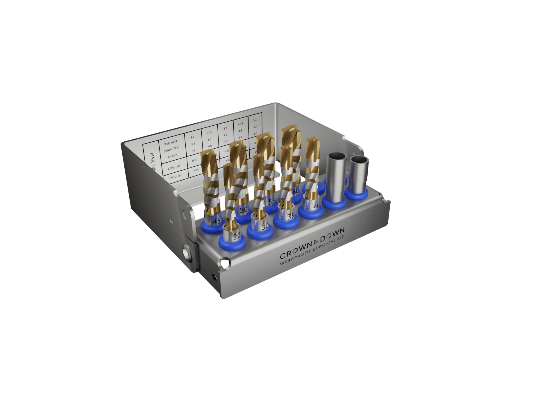 Angled view of the Crown Down cassette showing the implant-diameter to drill-size selection chart and maximum 200 rpm marking inside the lid