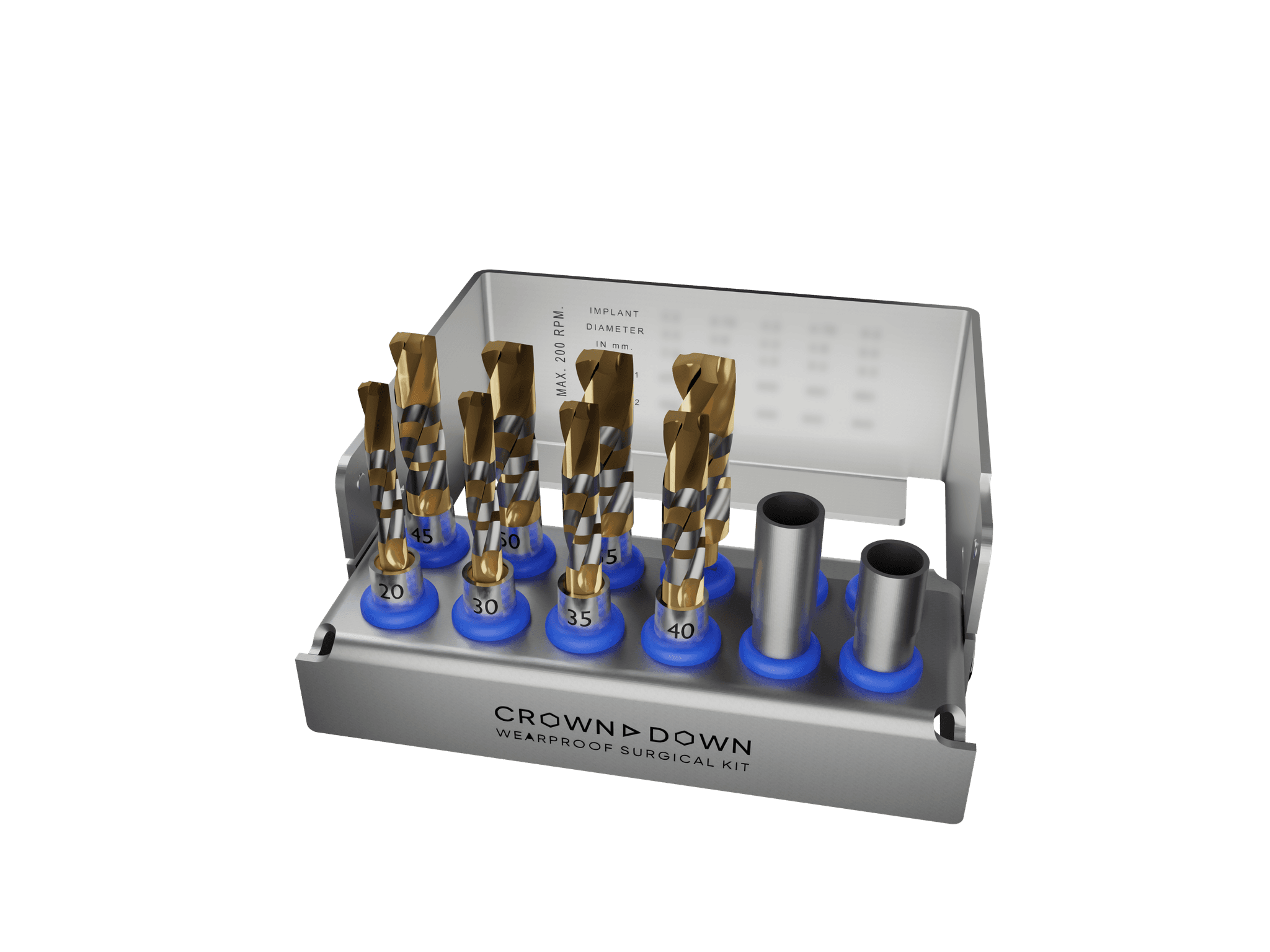 Crown Down wearproof surgical kit: open stainless steel cassette holding gold-coloured implant drills in blue silicone holders and two guide sleeves; the drill chart inside the lid is blurred, the lid reads maximum 200 rpm