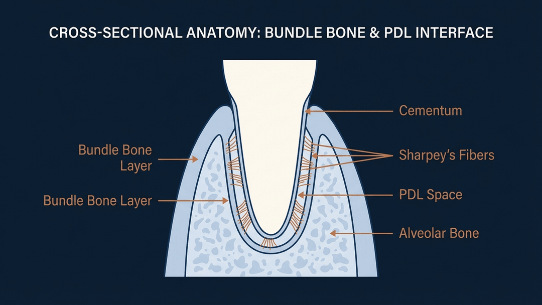 Bundle bone anatomy showing cross-section of tooth root with labeled Sharpey's fibers, periodontal ligament, and alveolar bone proper