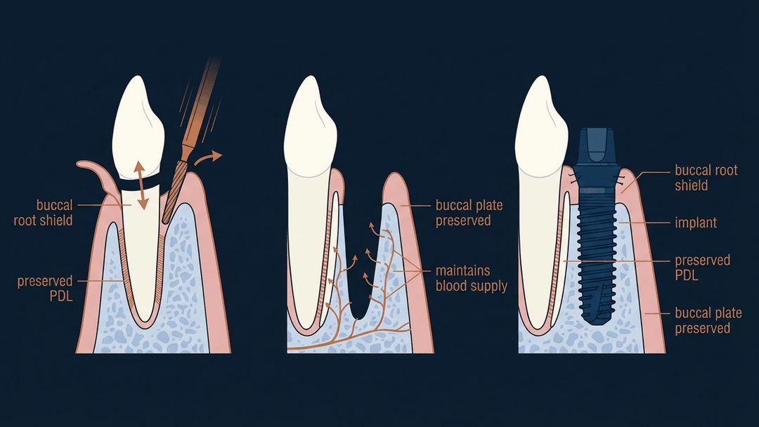 Socket shield technique diagram showing retained buccal root fragment with implant placement