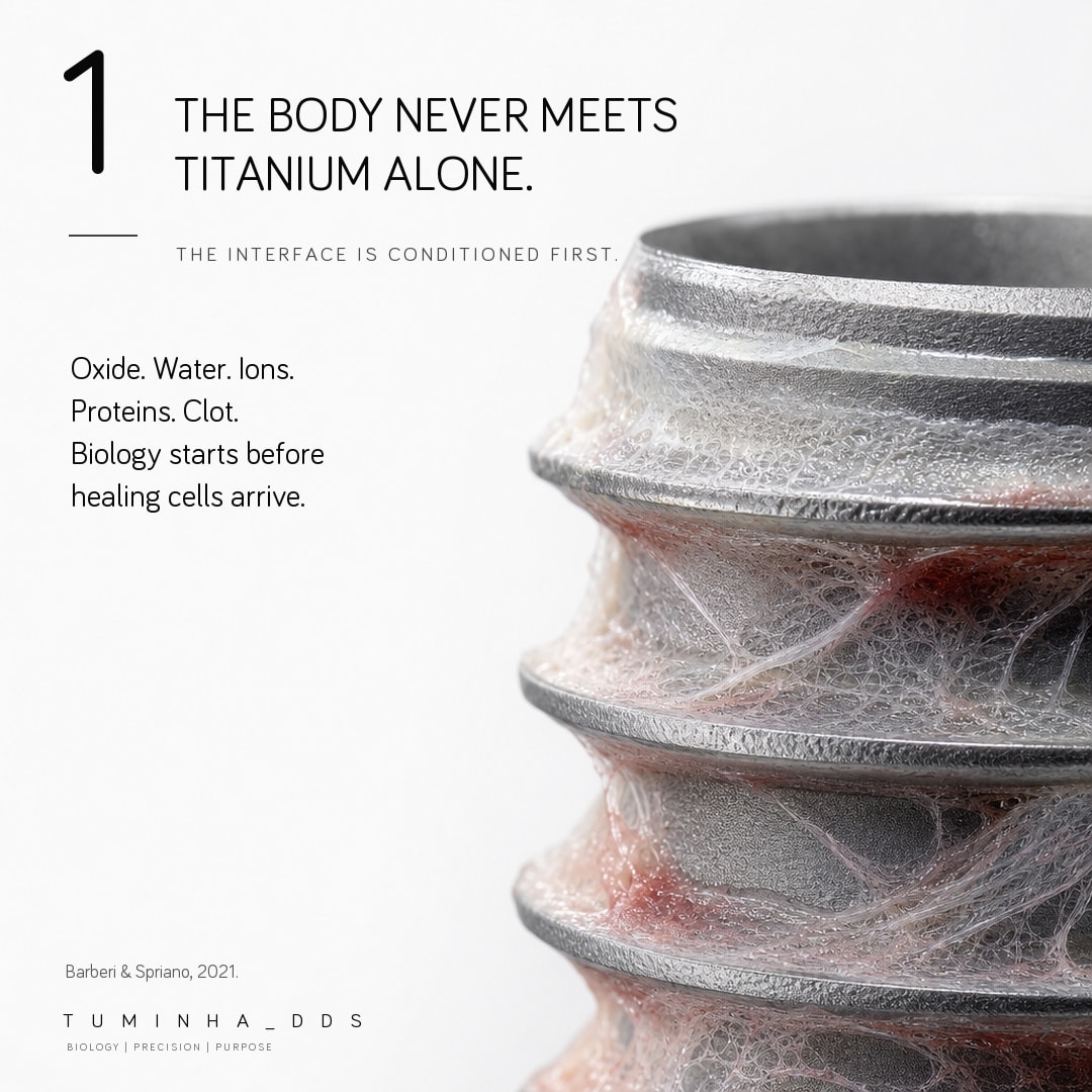 Capa do carrossel de @tuminha_dds The body never meets titanium alone (o corpo nunca fica a sós com o titânio): uma espira de implante com filamentos de fibrina sobre fundo branco
