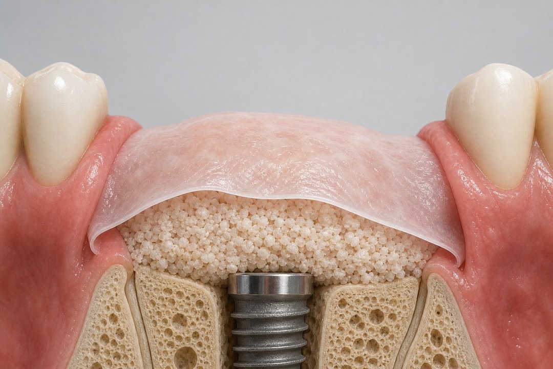 Resorbable collagen barrier membrane draped over a particulate bone graft covering an implant site