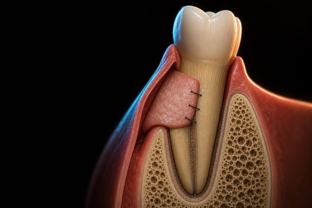 A connective tissue graft placed for root coverage over a recession defect