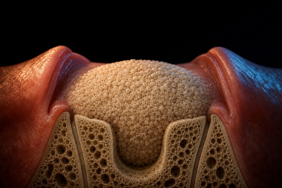 Particulate bone graft packed into a contained alveolar ridge defect