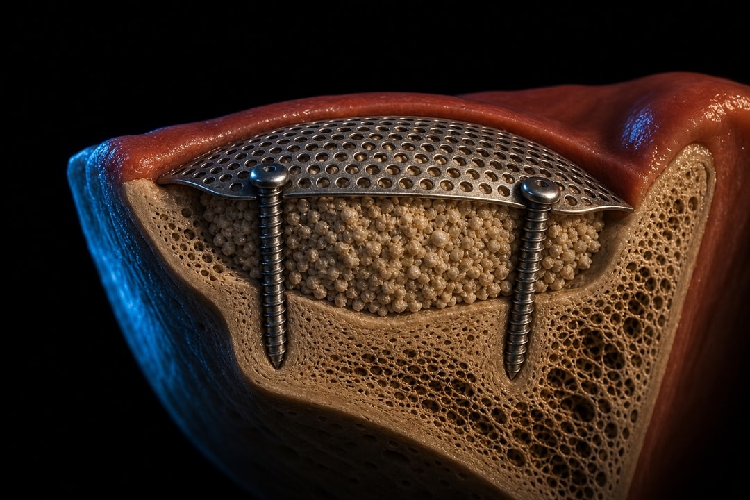 Cross-section of ridge augmentation with a titanium mesh fixed by screws anchored in solid bone over a particulate graft