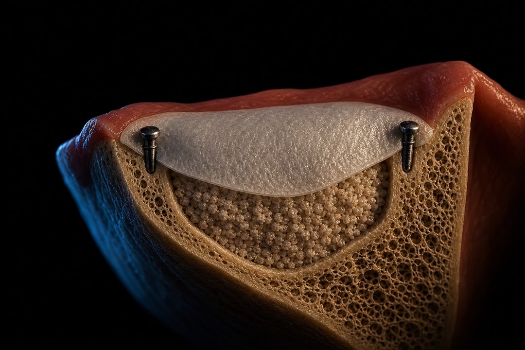 Cross-section of a non-resorbable PTFE barrier membrane pinned with titanium tacks over a particulate bone graft