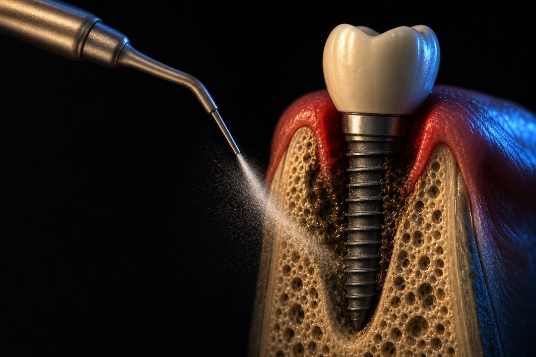 Air-polishing decontamination of an exposed implant surface in a peri-implant defect