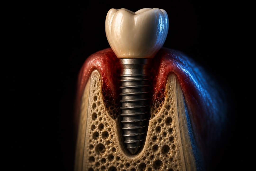 Cross-section of a contained infrabony peri-implant crater defect with intact apical bone