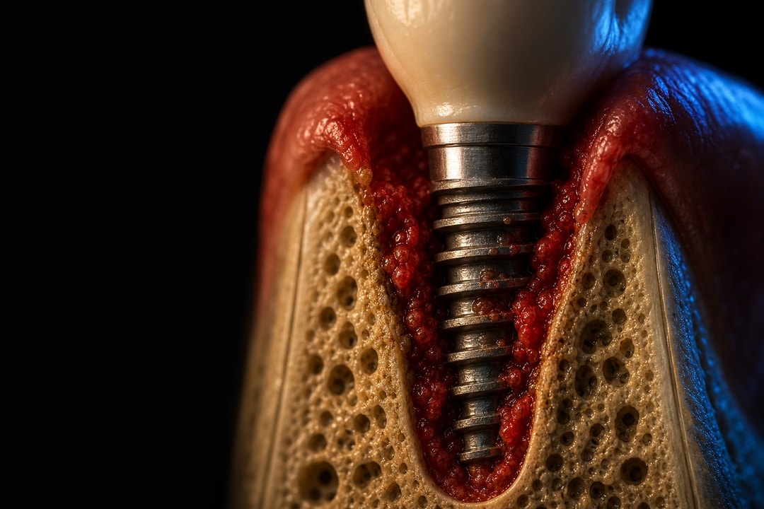 Exposed implant threads within a peri-implant bony defect