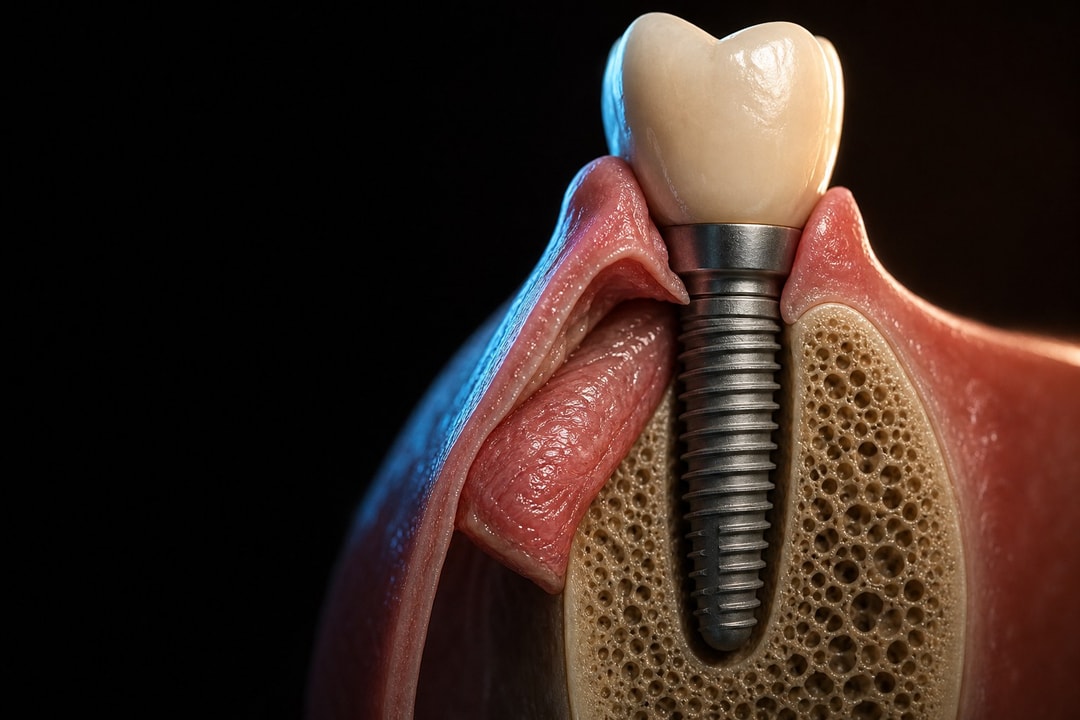 Connective tissue graft inserted buccally in a prepared envelope around an implant