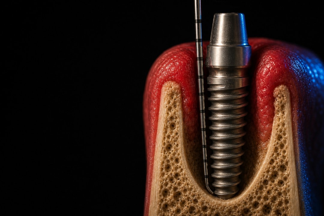 A periodontal probe revealing increased peri-implant probing depth and inflammation
