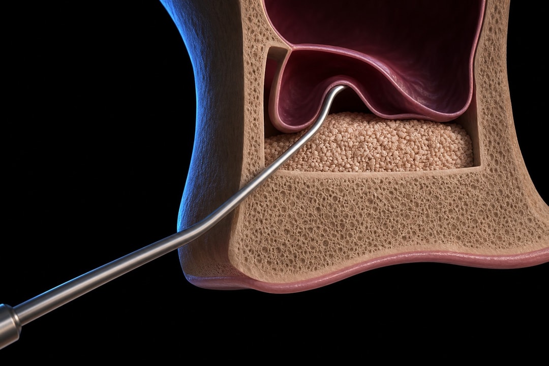A janela lateral proporciona acesso direto para elevar a membrana e colocar o enxerto