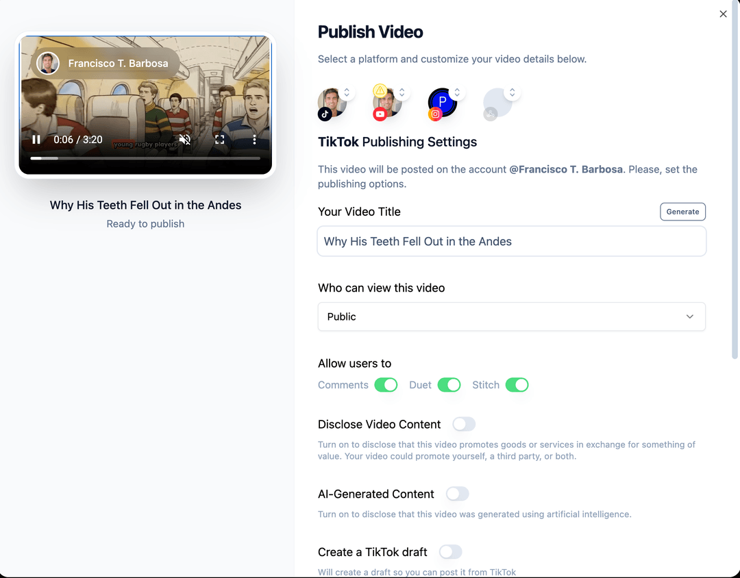 Revid AI Publish Video panel — select platform, set title, visibility, and publish directly to TikTok, YouTube, and Instagram