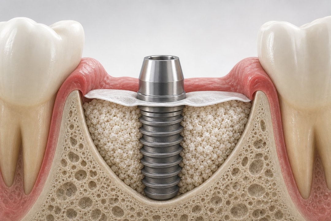 A contained intra-bony defect reconstructed with particulate graft under a barrier membrane