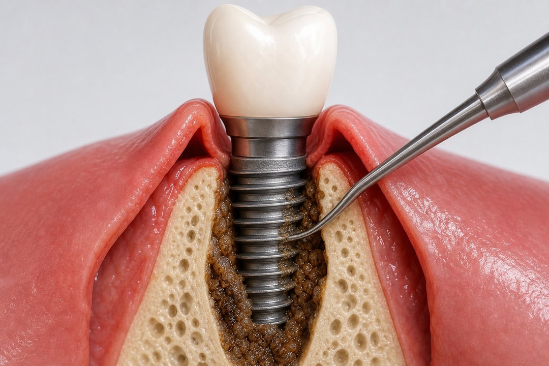Surgical access and decontamination of the exposed implant surface within the bony defect