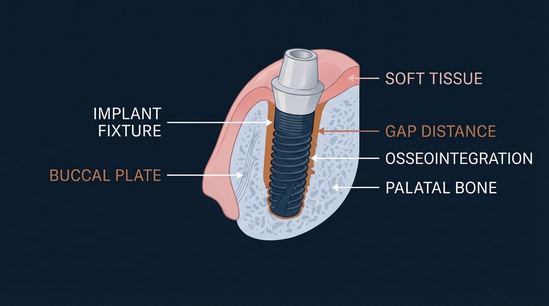 Immediate implant placement cross-section showing implant positioned in fresh extraction socket