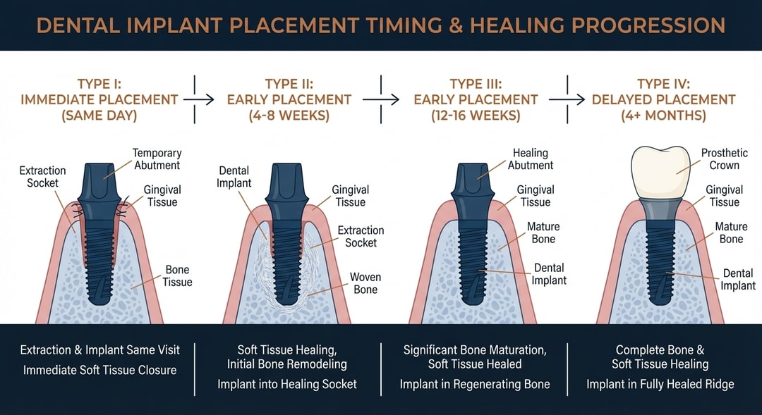 Implant placement timeline classification showing Type I through Type IV