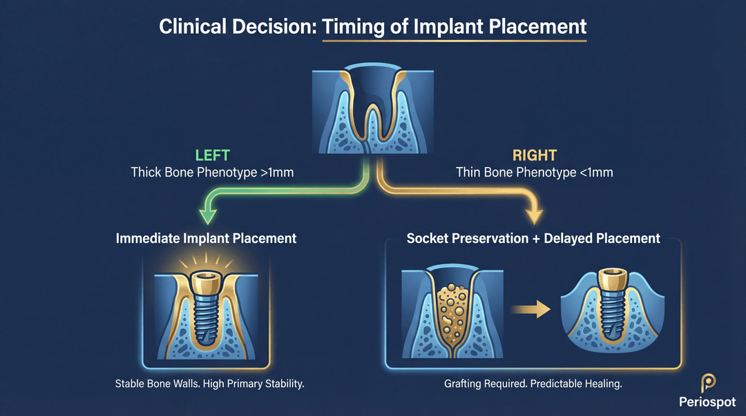Clinical decision flowchart for immediate vs delayed implant placement based on bone phenotype