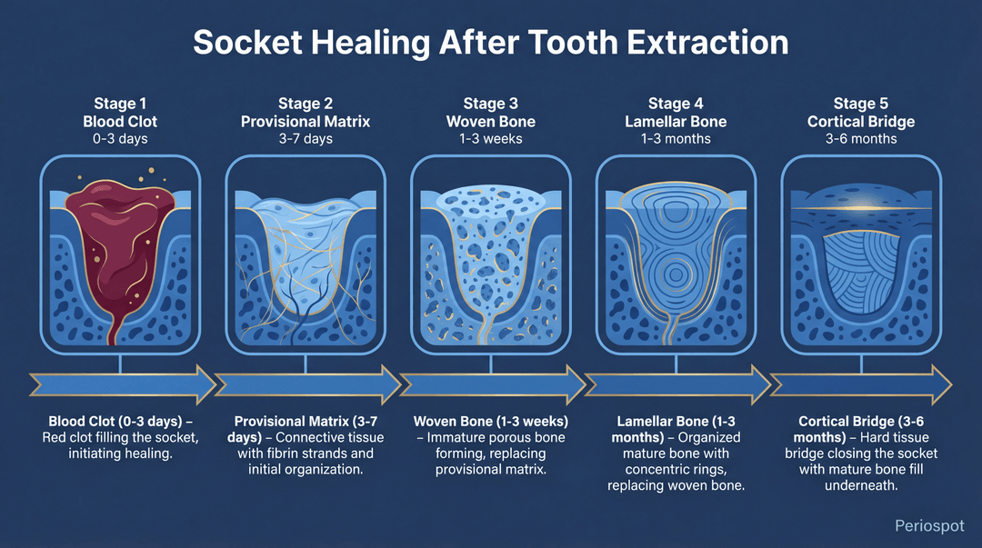 Socket healing timeline after tooth extraction showing 5 stages: blood clot, provisional matrix, woven bone, lamellar bone, and cortical bridge formation