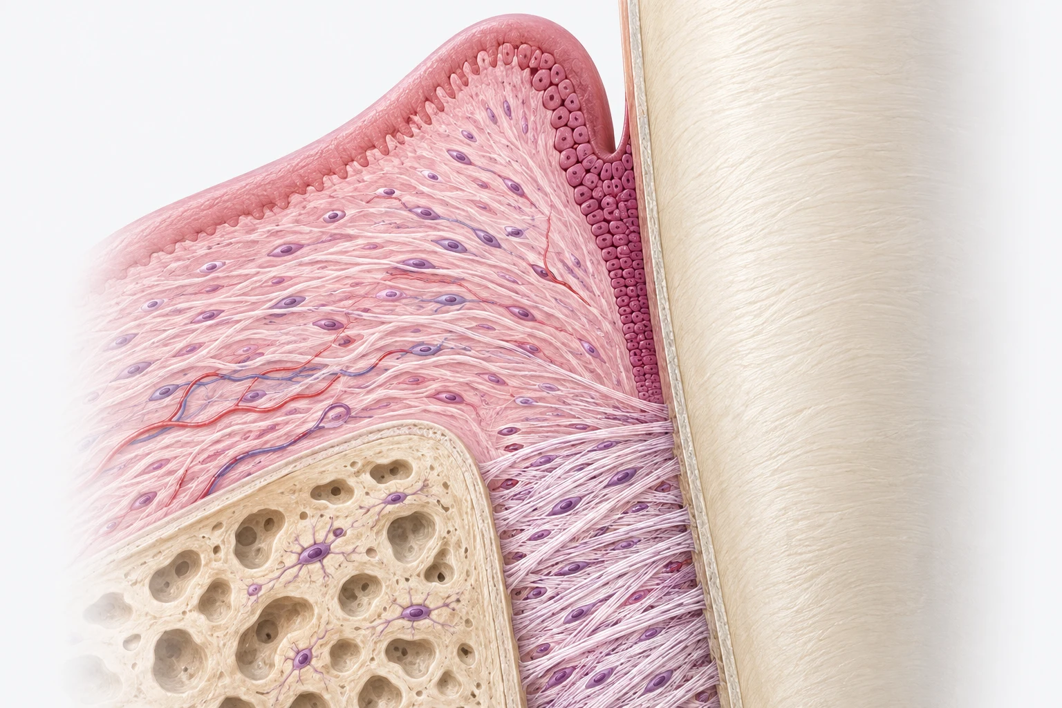 Enlarged periodontal anatomy: pink epithelial cells next to the root, collagen-rich gingival connective tissue, and a fibre-containing ligament between cementum and alveolar bone.