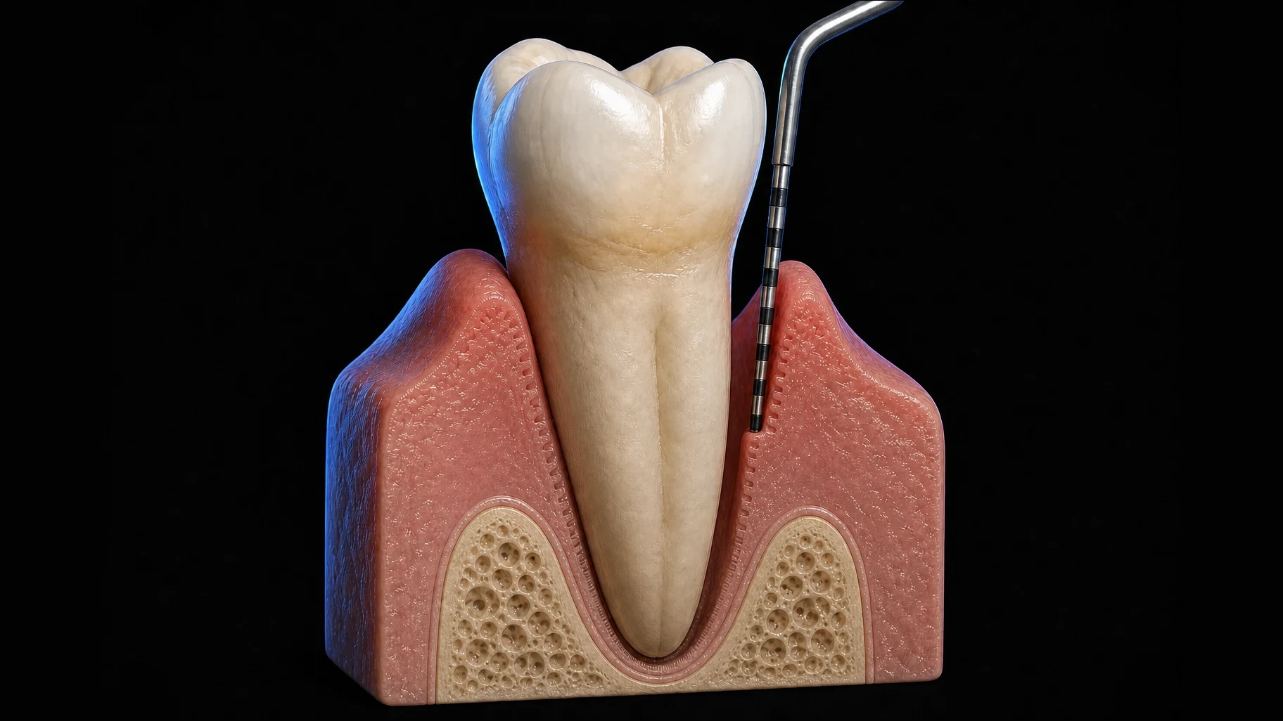 Anatomical cutaway of a tooth and surrounding periodontal tissues, with a probe beside the root in the periodontal pocket.