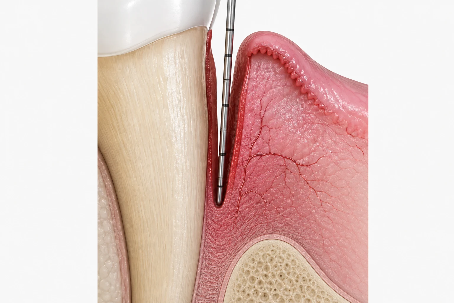 Illustrated cross-section: a periodontal probe beside the root in a deep inflamed pocket, with the alveolar crest below.