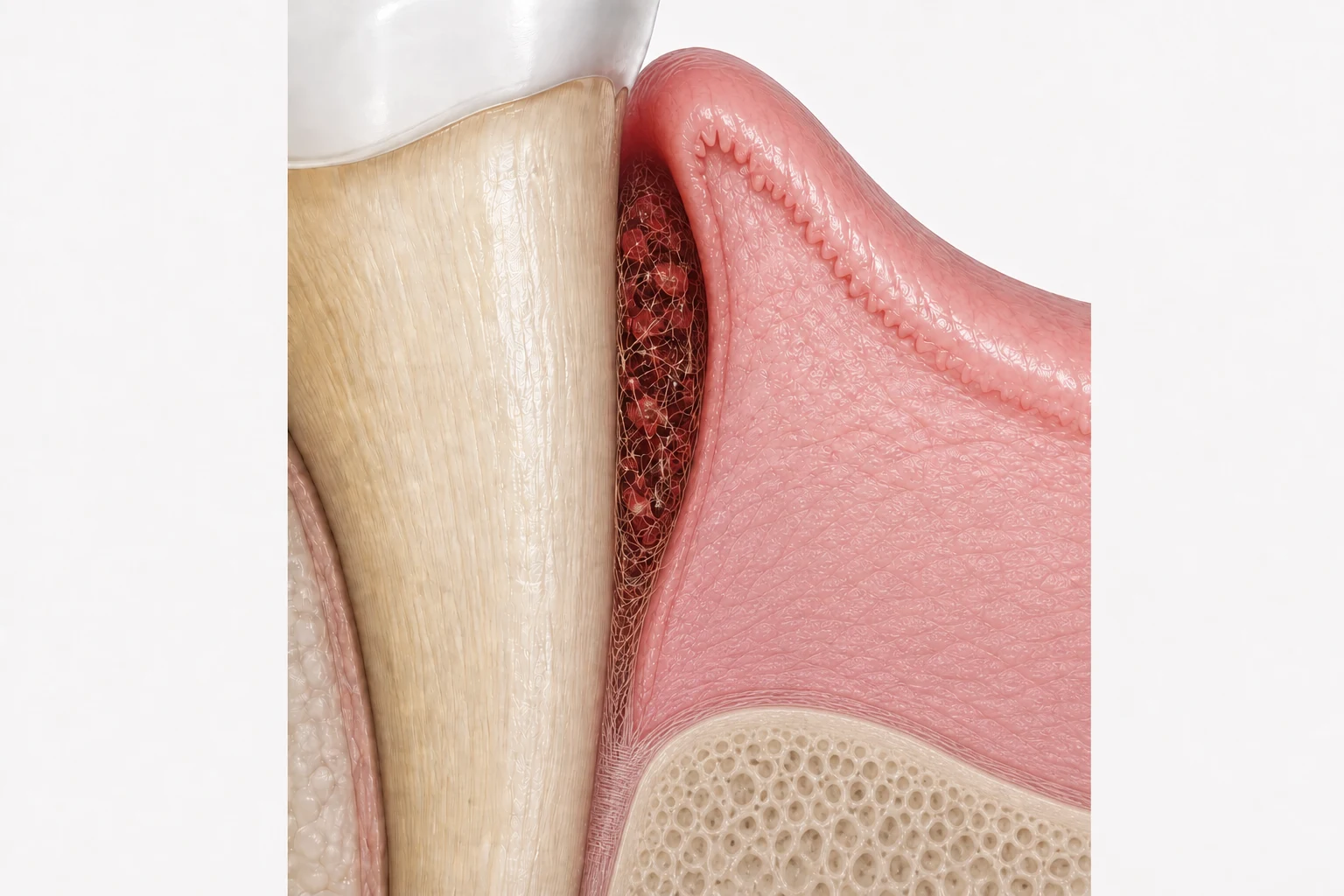 Illustrated periodontal wound beside the root: red cells and platelets held in a fibrin scaffold.